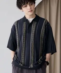 【MONO-MART 】モノマート ジャガードストライプ ルーズニットポロシャツ