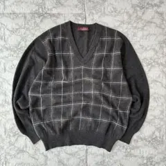 カシミア100% チェック柄 Vネックニット セーター グレー M カジュアル