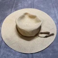 ベージュ ストロー広つばハット タッセル付き