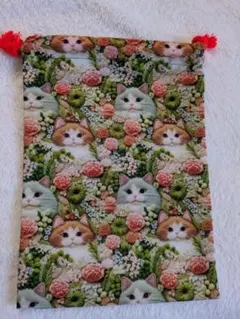 猫と花のプリント巾着袋
