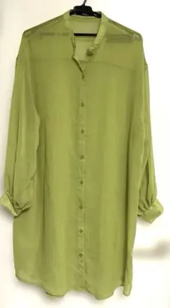 【試着のみ】グリーンシフォン ロングシャツワンピース シアー バンドカラー