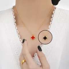 186リバーシブル四つ葉クローバーネックレス レッド ブラックエナメル