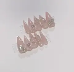 現品ネイルチップ ピンク ハート リボン ちゅるん ロング