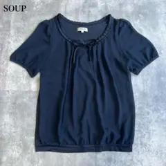 スープ【M】半袖ブラウス カットソー 切替デザイン リボンタイネック シフォンのサムネイル