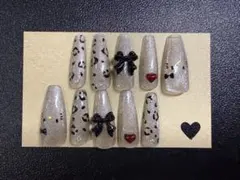ヒョウ柄リボン付きネイルチップ10個セット