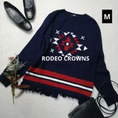2264ꕤロデオクラウンズ 裾フリンジニット オルテガ柄【Ｍ】ネイビー 秋冬のサムネイル