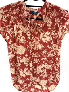 現行【ローレンラルフローレン】花柄ブラウス フリル ボウタイ リネン 