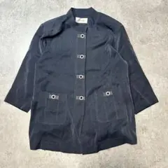 vintage ストライプ柄 ネイビー ノーカラーシャツ古着　ボタン