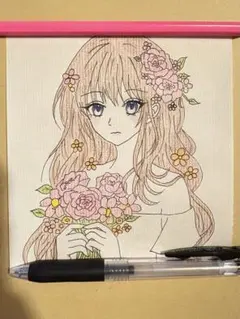 オリジナル手描きイラスト　アナログイラスト　茶髪女の子　原画　絵　一点物