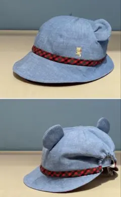 美品♡ファミリア♡クマ帽子♡水色×ファミリアチェック