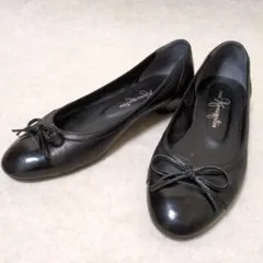 銀座かねまつ　レザーシューズ　 リボン付きフラットシューズ 黒　22.5cm