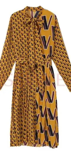 総柄ファッションリボンカラーカジュアルワンピース　韓国