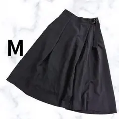 グラシア♪ロングスカート フレア 黒 サイドジップ ベルトデザイン タック入 M