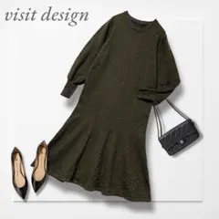 ヴィジットデザイン◆マーメイドニットワンピース(M)カーキ パフスリーブ 上品