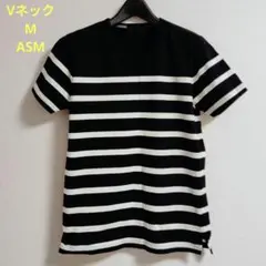 【纏め買い値引きします】ASM.黒白ボーダーVネック.Tシャツ.メンズ.M