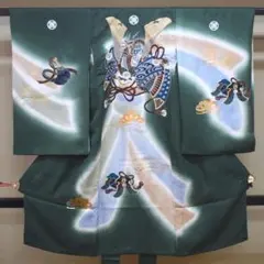 M05-6 正絹 男児 初着 祝着 長襦袢付き モスグリーン 刺繍 兜