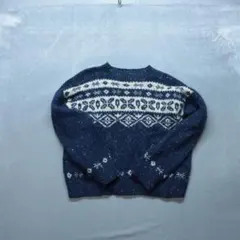 古着 A0209 柄ニット セーター L ネイビー 白 クルーネック