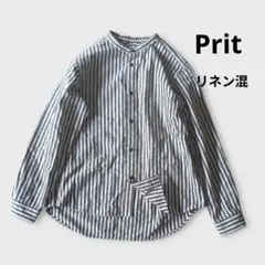 Prit リネン混 ノーカラーストライプシャツ/ワークシャツのサムネイル