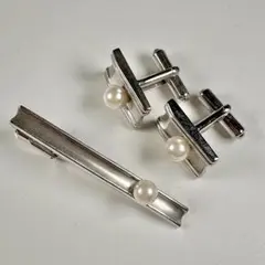 美品 パール 真珠 カフス ネクタイピン セット シルバー フォーマル 冠婚葬祭