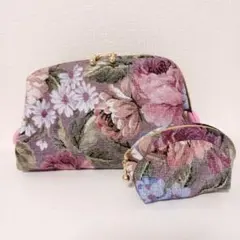 ワイヤーポーチセット(ゴブラン織り風薔薇柄)ピンク