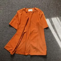 上品 ノーカラー ジャケット半袖 羽織り オレンジ きれいめ オフィスカジュアル