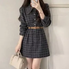 【美シルエット♡】REDYAZEL ワンピース ベルト付き 千鳥柄　春服