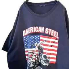 アメリカン スチール バイク 星条旗 Tシャツ ネイビー 紺色 古着