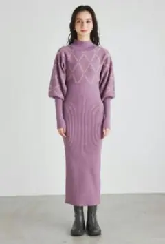 リエンダ　ダイヤジャガードタイトニットワンピース　パープル　ロング
