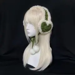イヤーマフ 耳当て ハンドメイド 編み物 グリーン ホワイト ハート 森ガール