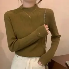 SHEIN ハイネック リブニット カーキ グリーン
