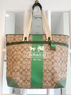 COACH シグネチャー ストライプトートバッグ ベージュ/グリーン☆正規品☆
