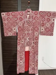 【リメイク用・素材】着物 小紋 総柄 赤×白 ハンドメイド生地 反物代わりにものサムネイル