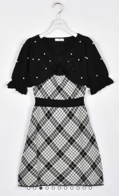 evelynチェックリボンニットワンピースブラック