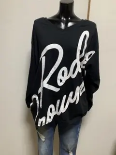 RODEO CROWNS Vネック ロゴ プリント 長袖 カットソー ブラック