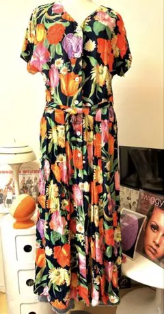 フラワープリント 半袖シャツ　ワンピース　古着　70年代　ヴィンテージ　レトロ