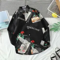 薔薇ニュースペーパーシャツ ブラック メンズ>