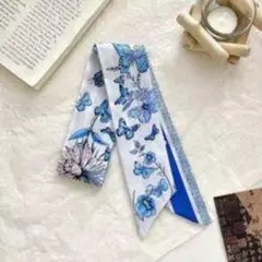 リボンスカーフ バッグ　スカーフ 英字　バタフライ　花　フラワー　ブルー　青のサムネイル