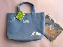 KALDI デニムブルー 猫イラスト トートバッグ　メッシュポーチ付き