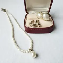 vintage ／一粒パール ネックレス ＆ イヤリング2種 ゴールドカラー