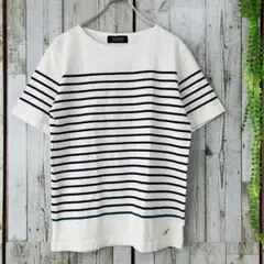 ☆ナノユニバース☆カットソー Tシャツ ボーダー 半袖 M ホワイト ロゴ刺繍