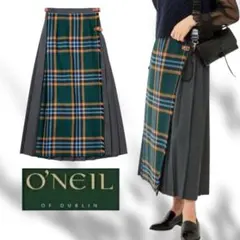 O'NEILofDUBLIN チェックプリーツロングスカート グレー グリーン系