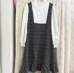 【新品未使用】パール釦プチフリルネックツイードドッキングワンピース