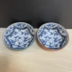 【美品】有田焼 雅窯 染付 花鳥文 夫婦鉢 ペア 浅鉢 煮物鉢 中鉢 青・朱巻
