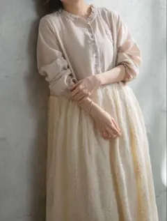 MYCLOSET 9分袖刺繍レースコットンロングワンピース