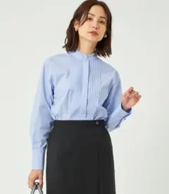 グリーンレーベル フリルネック ピンタックシャツ バンドカラー 長袖ブラウス