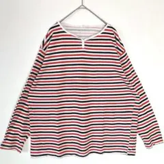 ボーダー 長袖カットソー Vネック ボタン L 赤黒白 ゆったり カジュアル
