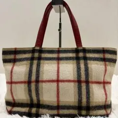 Burberry バーバリー トートバッグ チェック柄 ウール レッド A4可のサムネイル