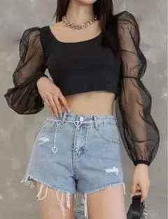 SHEIN DAZY シースルーカットソー　クロップドブラック 夏　新品Mサイズ