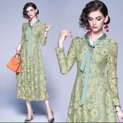 女性らしいVネック♡ロングワンピ】花柄グリーンワンピ❤️新作インポート✨No.18