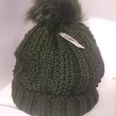 ニット帽 帽子 USA 冬 ファー 裏起毛 グリーン かわいい 新品 ポンポン